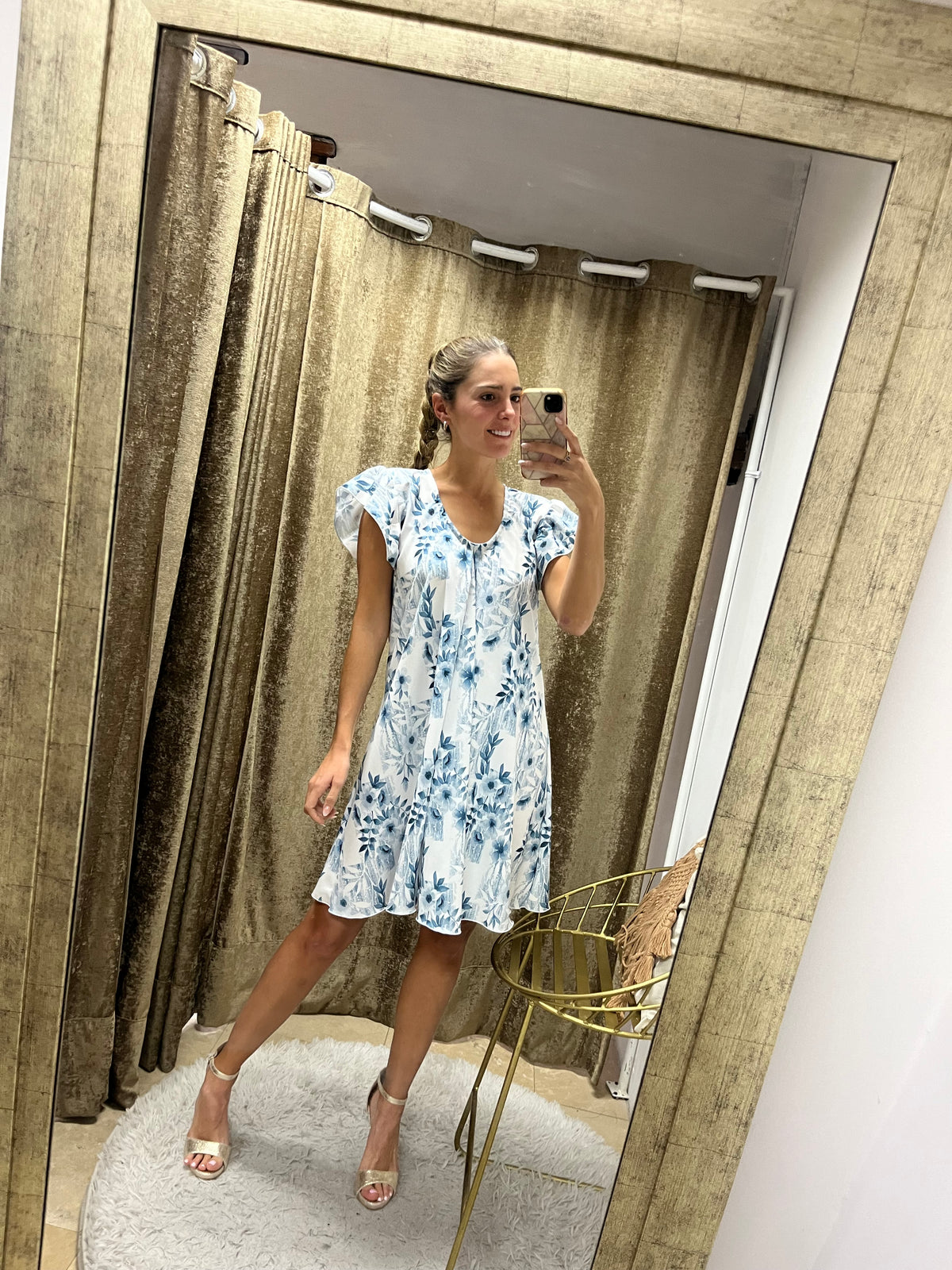 Vestido Bertha , azul flores romántico