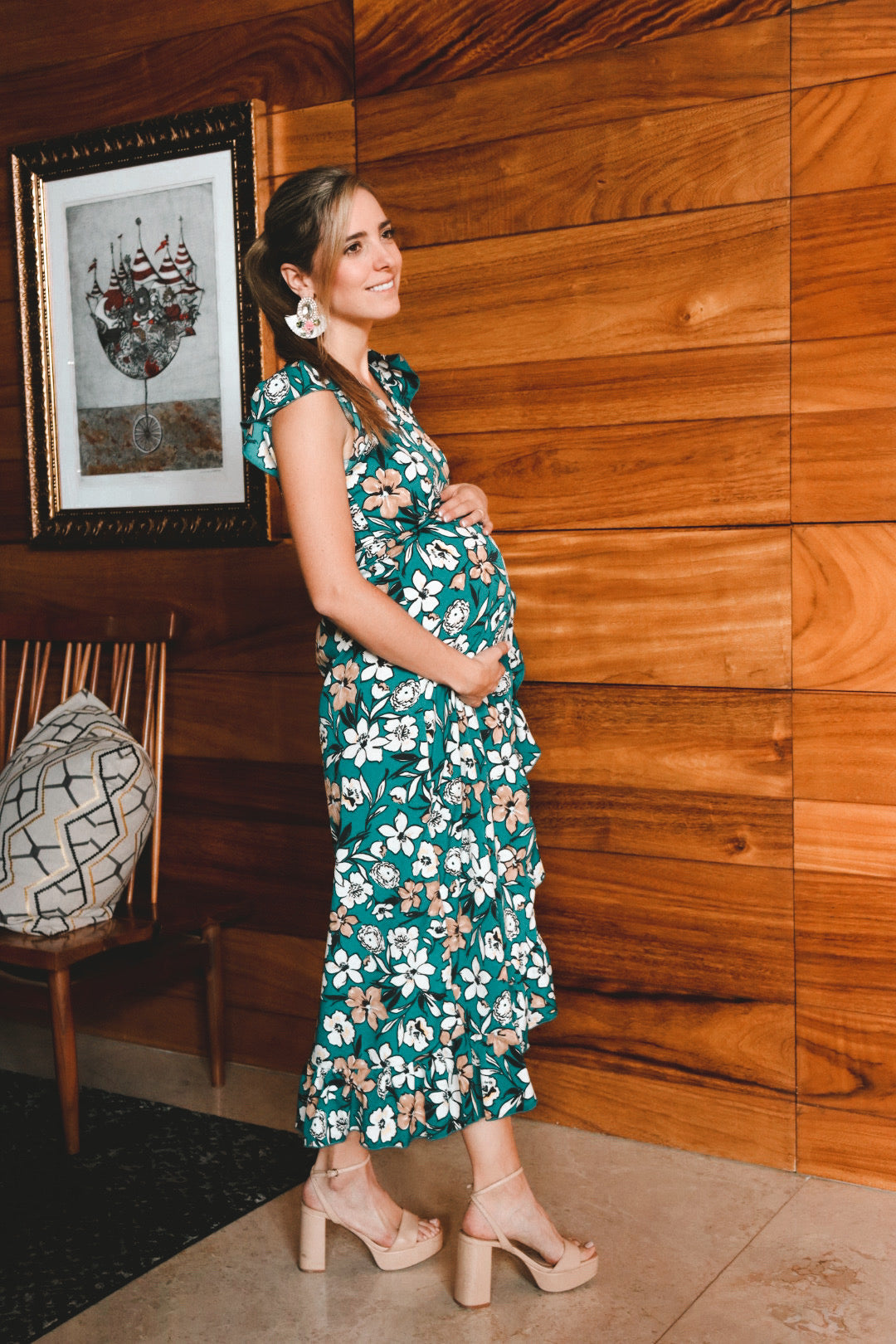 Maternity dress, Ursula green with mustard flowers