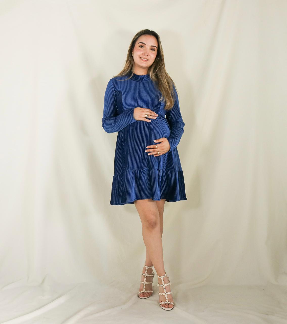 Vestido de maternidad, azul terciopelo rayas Gaby corto