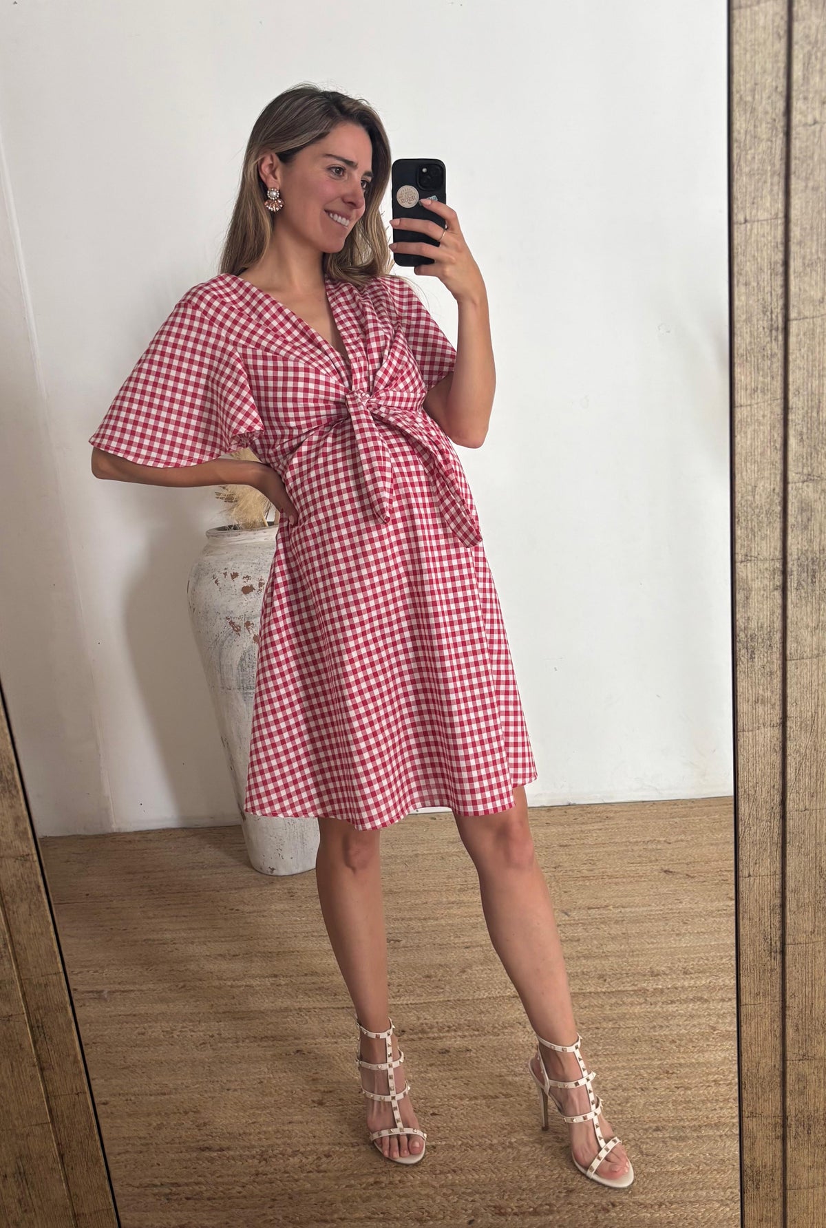 Brenda maternity dress for boy in pink squares