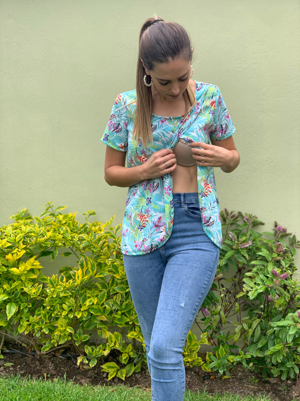 Nursing blouse, Diana blue aqua flowers