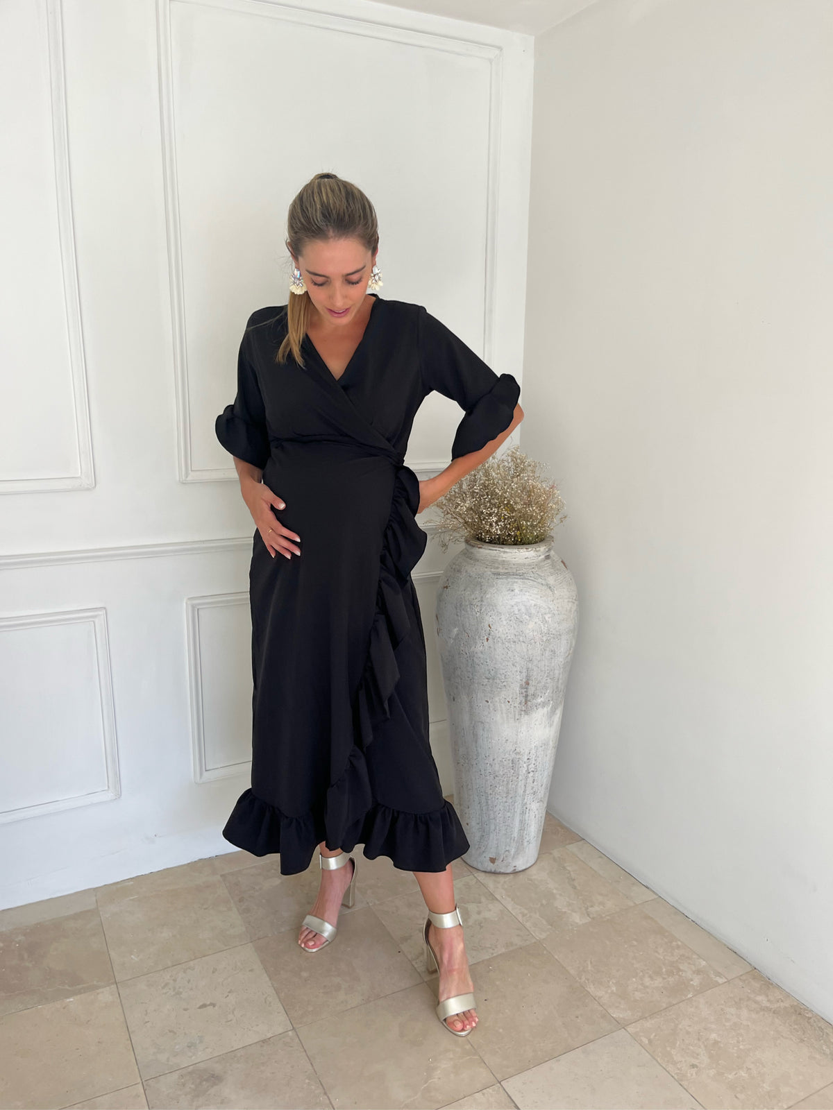 Maternity dress, Ursula with black ruffles