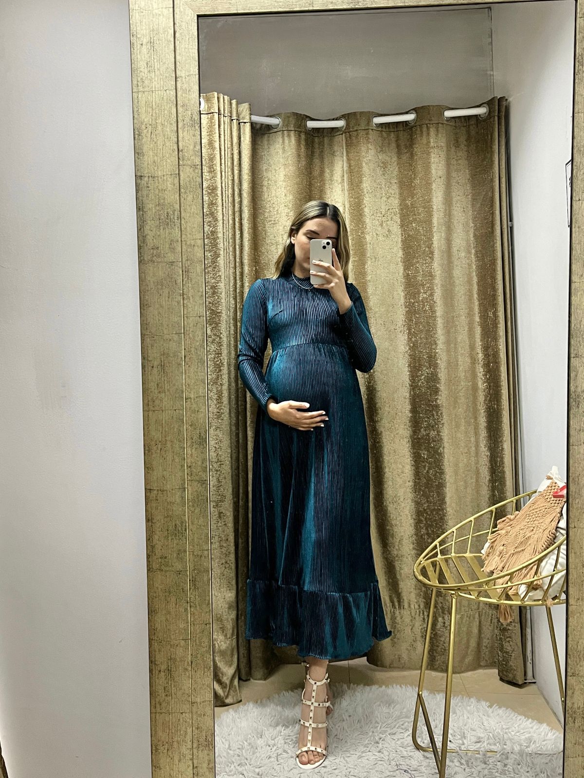 Vestido de maternidad, verde terciopelo rayas Gaby largo (CH)