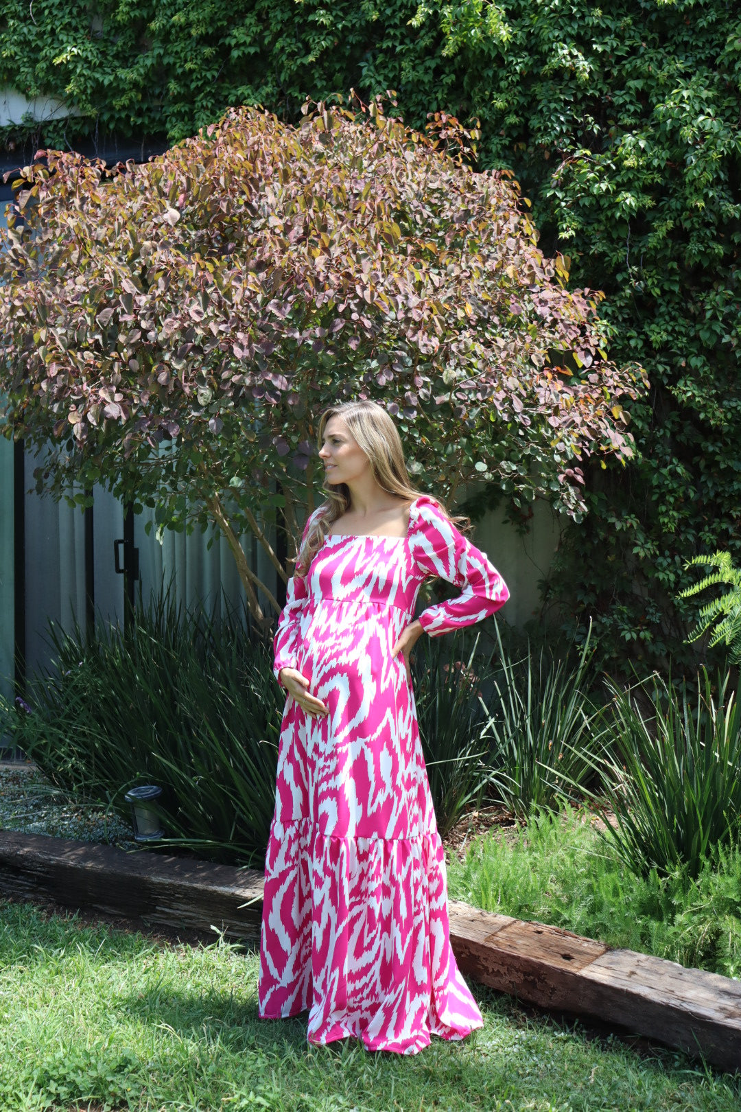 Vestido maternidad Priscila largo, rosa franjas blancas CH