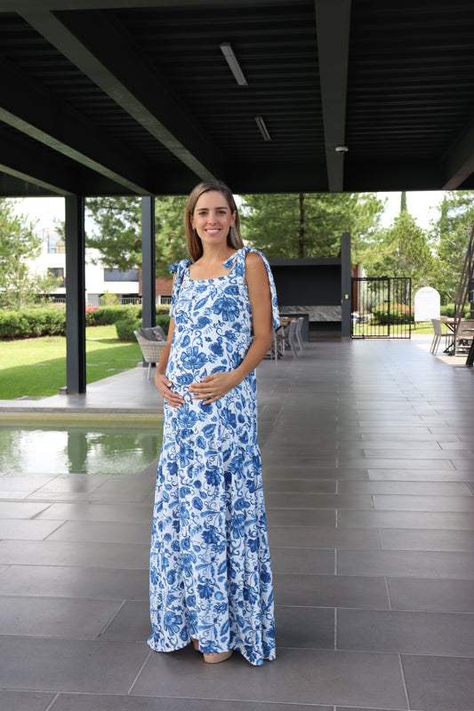 Vestido de maternidad Dalia azul flores blancas