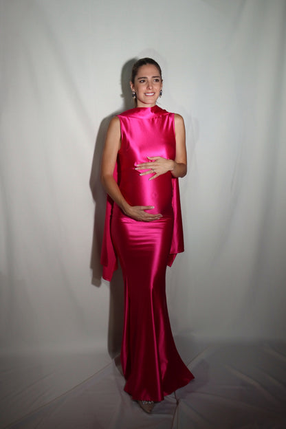 Vestido de maternidad Lucy, rosa neón satinado