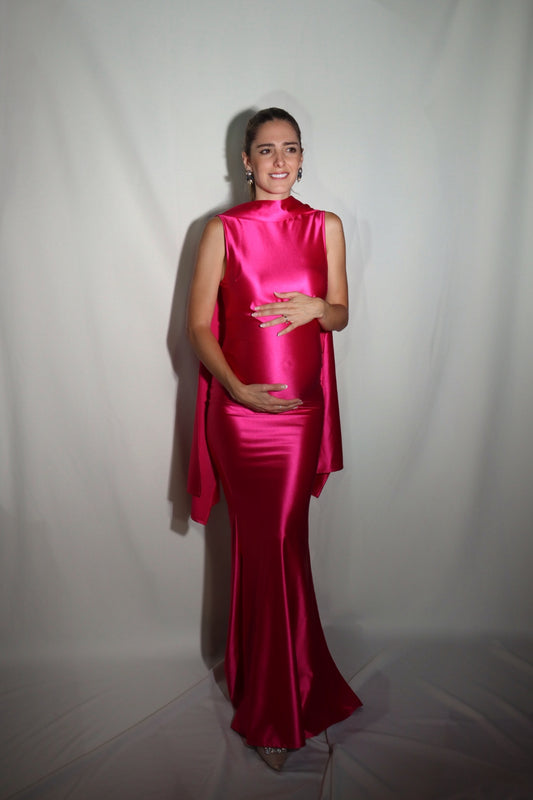 Vestido de maternidad Lucy, rosa neón satinado
