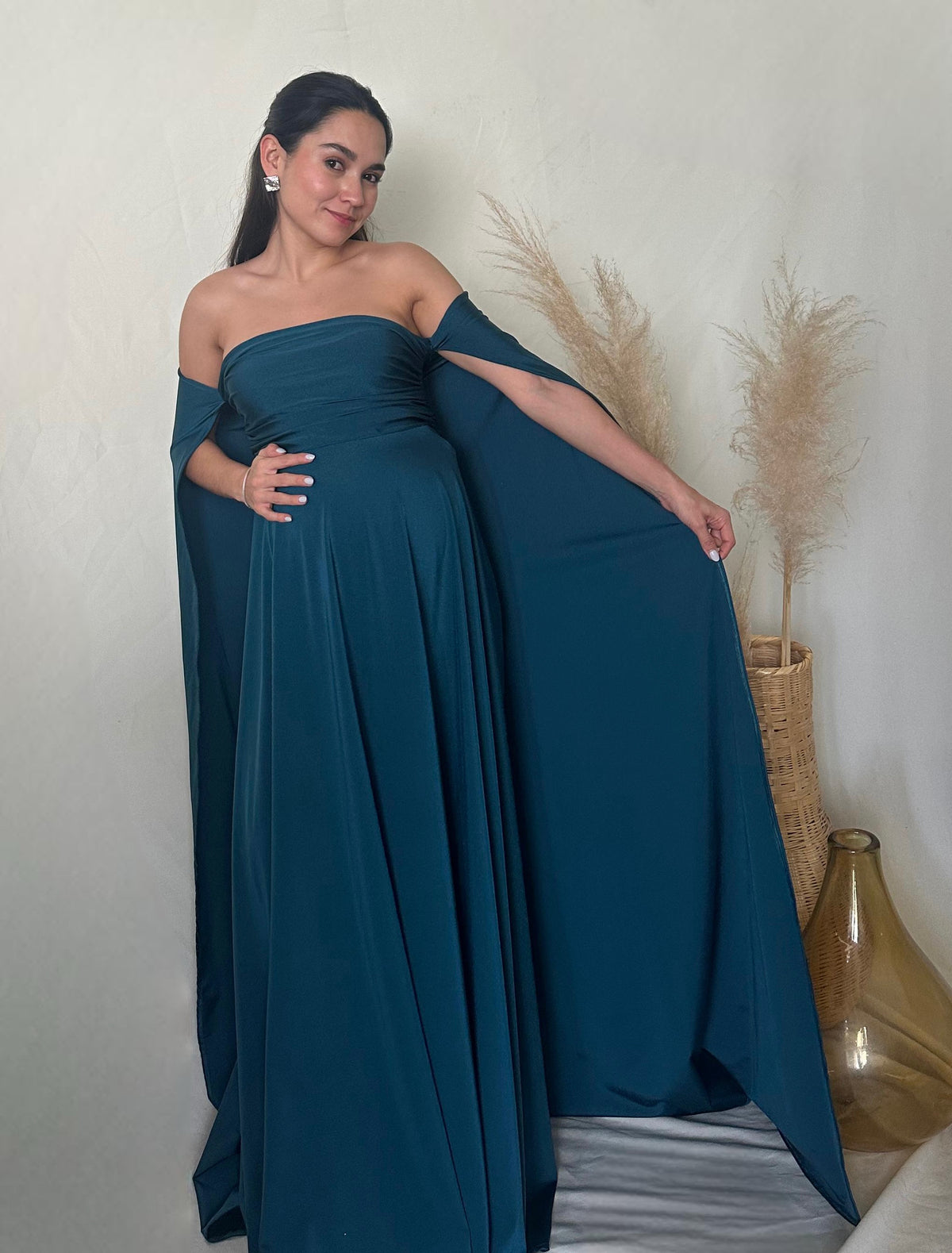 Vestido de maternidad Leonor, azul verdoza licra destellante