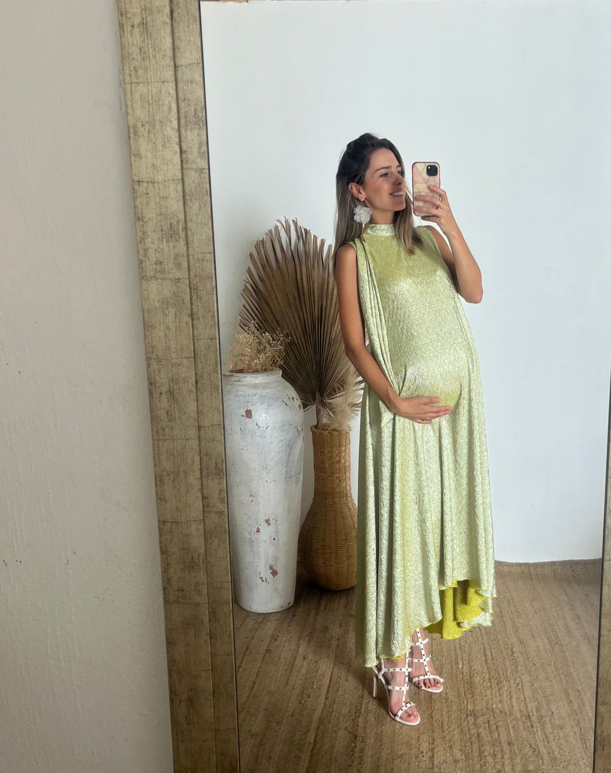 Vestido de maternidad Sonia, verde claro brilloso corrugado XG