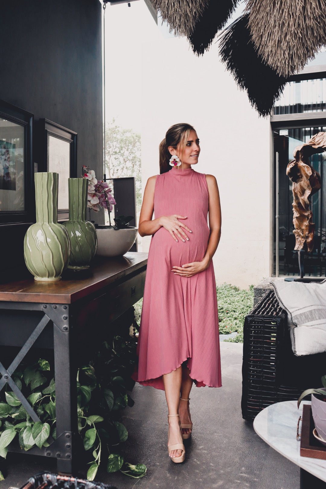 Vestido de maternidad Sonia, rosa polvo plisada G