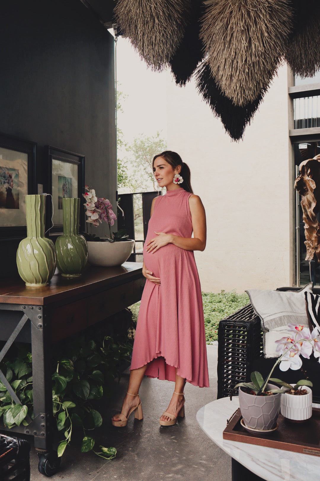Vestido de maternidad Sonia, rosa polvo plisada G