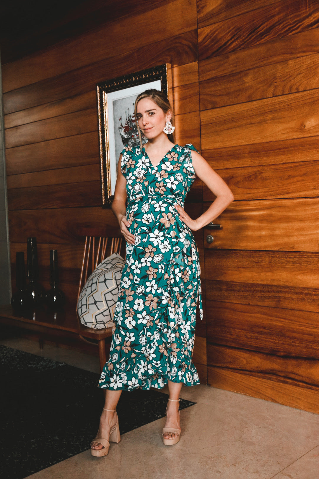 Maternity dress, Ursula green with mustard flowers