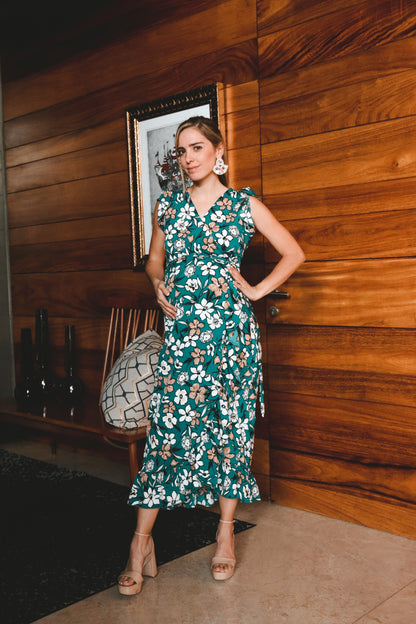 Maternity dress, Ursula green with mustard flowers