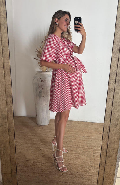 Brenda maternity dress for boy in pink squares