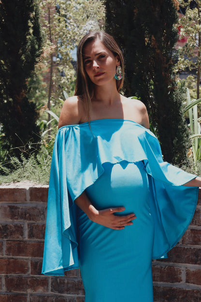 Vestido de maternidad Amparo, azul cielo licra destellante
