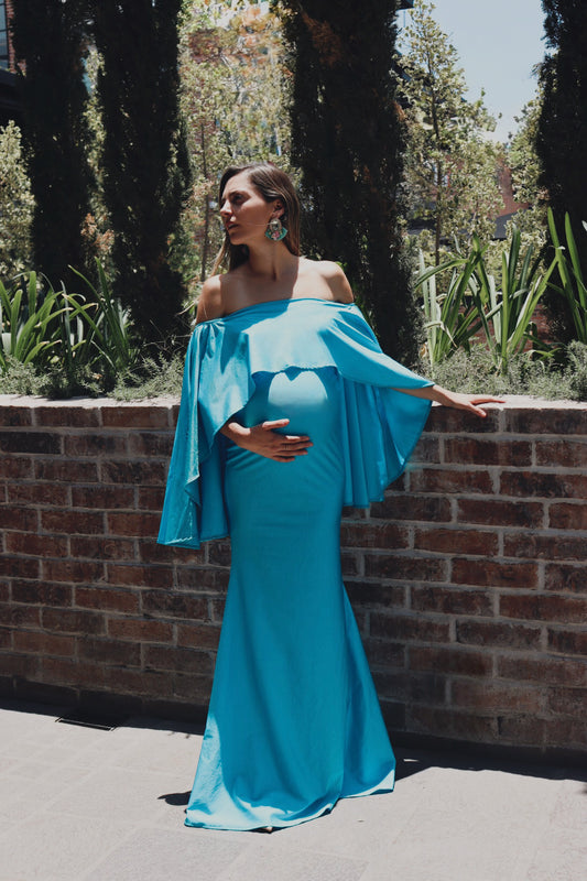 Vestido de maternidad Amparo, azul cielo licra destellante