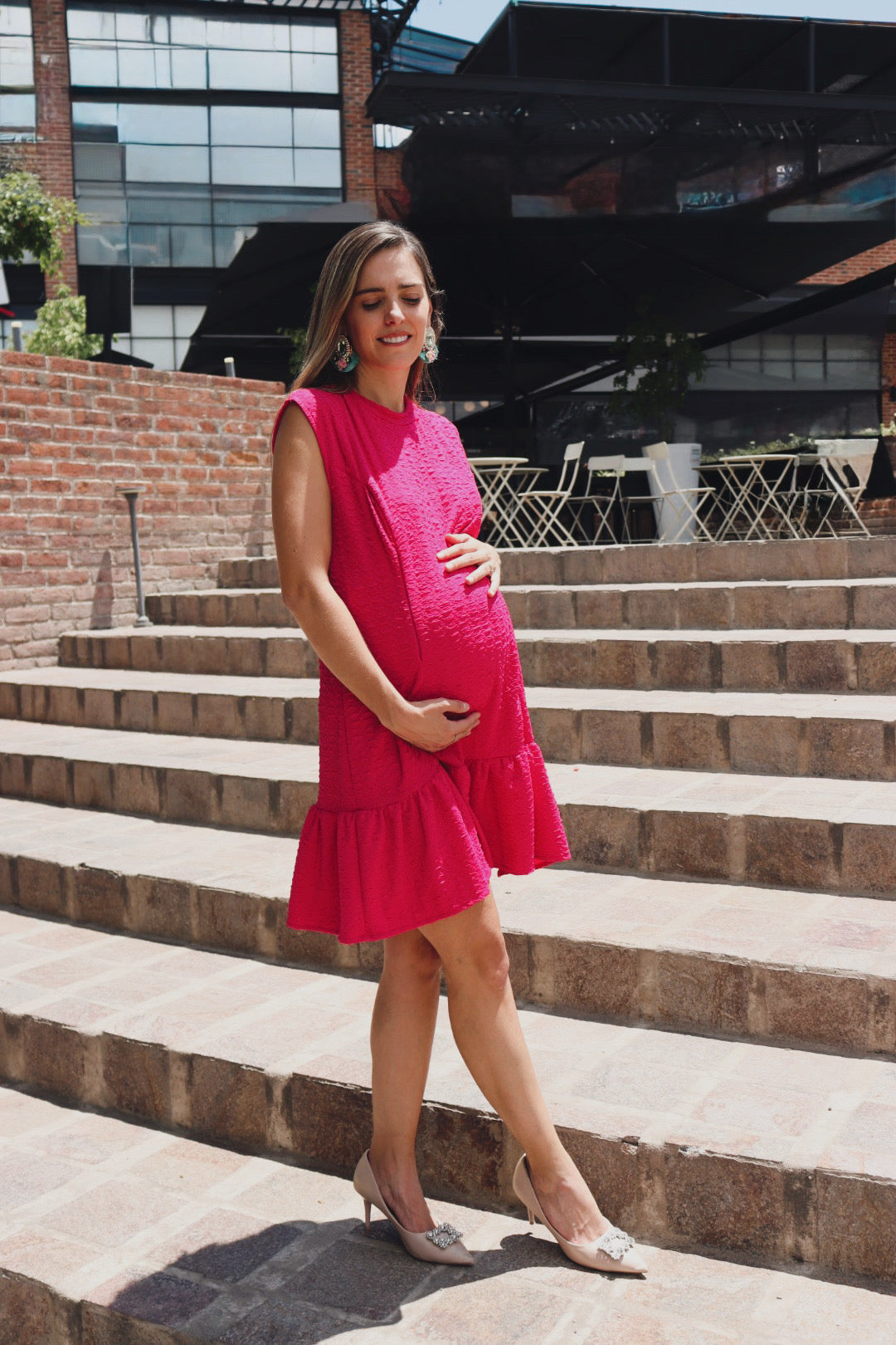 Vestido maternidad y lactancia, Lourdes sin mangas, rosa barbie textura CH