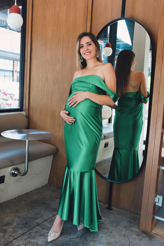 Vestido de maternidad Renata, verde bandera satín licra