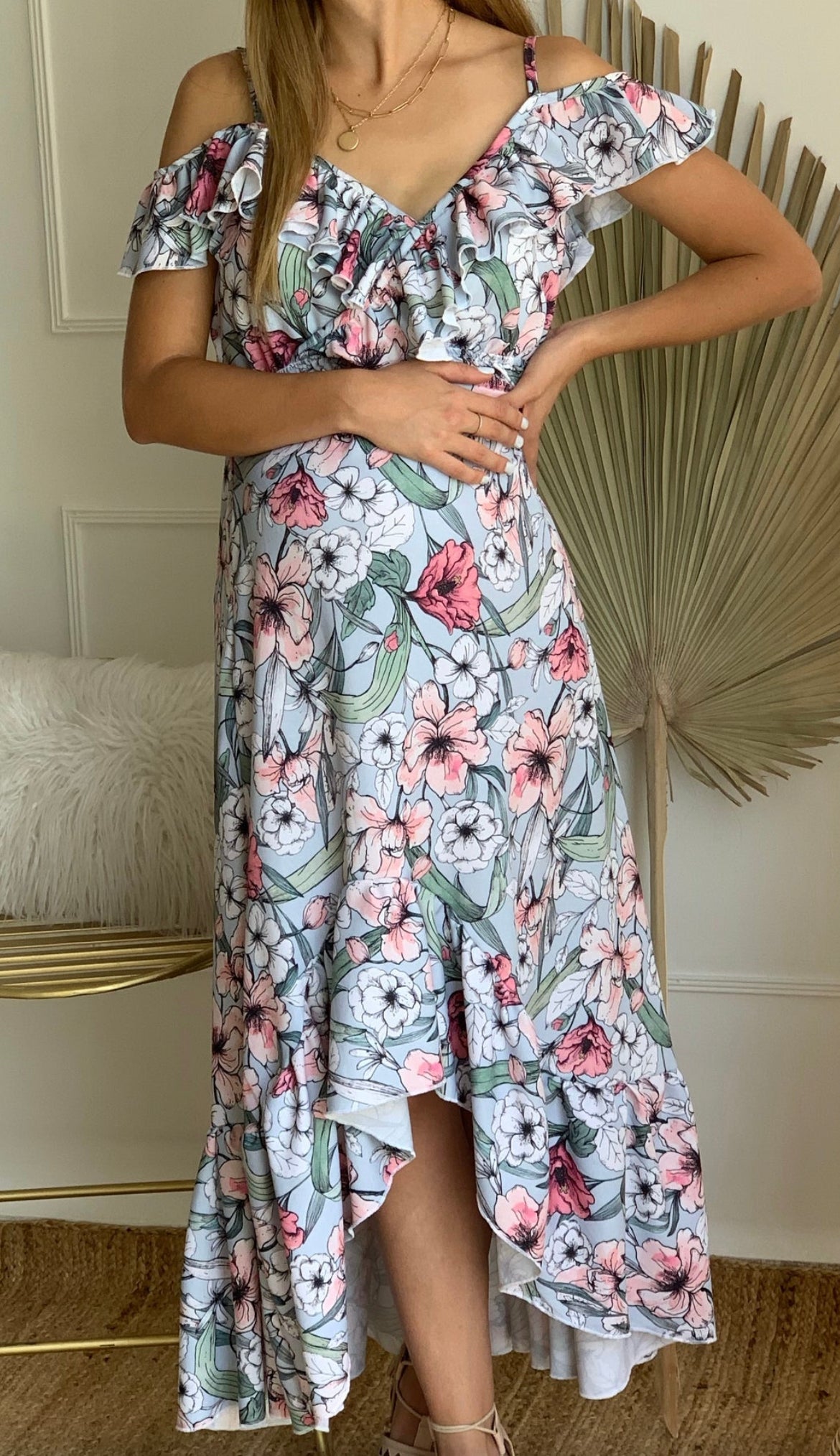 blue fabric with pink flowers